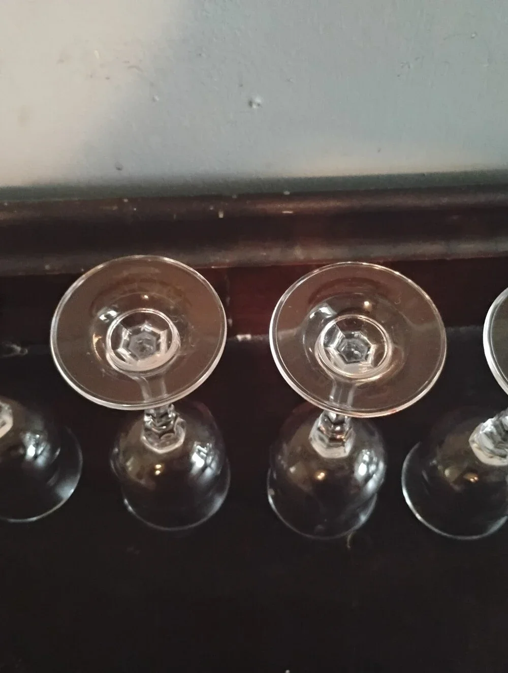 Vintage Clear Glass Tulip Cordial Glasses Hexagonal Faceted Stem Barware Set of4